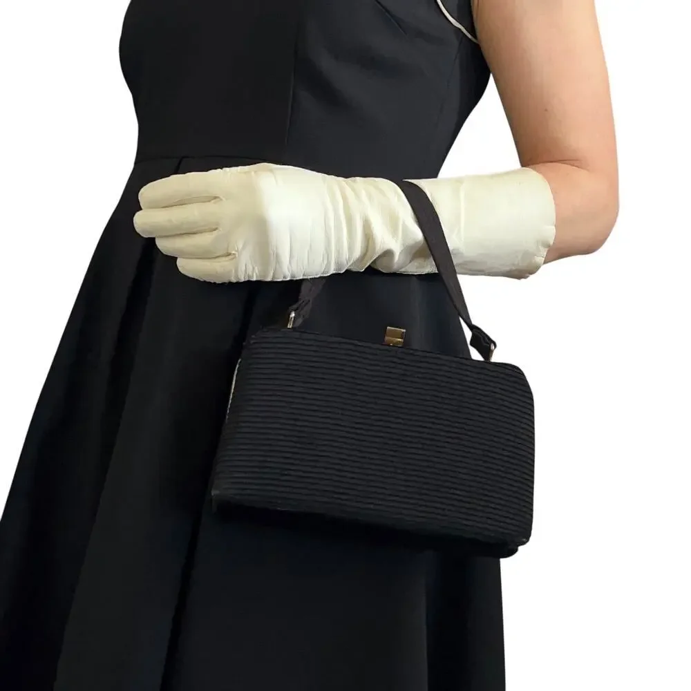 1950s Vintage Black Pleated Faille Top Handle Frame Handbag